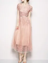 ワンピース 半袖 チュール ドレス 刺繍 ミディ丈 シースルー