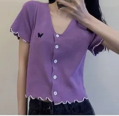 ワンポイント Vネック ガーリー フリルカーディガン クロップド