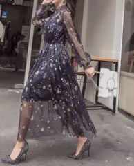 可愛い ワンピース ロング シフォン オシャレ 長袖 透け感