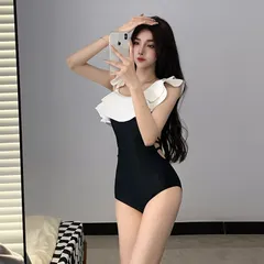 水着 黒 白 ワンピース フリル モノキニ 体型カバー バイ