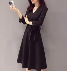 長袖 お呼ばれワンピース エレガント フレア 黒 フォーマル