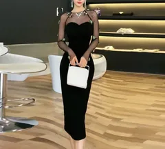 長袖 ミモレ丈ドレス メッシュ スリム エレガント パーティー