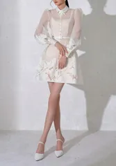 白 結婚式 花柄 ドレス Aライン レース シースルー パーティー