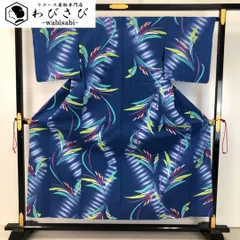 夏着物 浴衣 暈し 抽象草模様 青色 K-5034