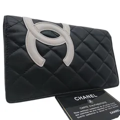 【美品】CHANEL カンボンライン ココマーク 長財布 ブラックｘホワイト　ギャランティーカード