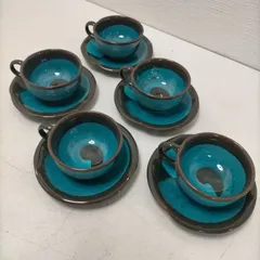 赤津焼 コーヒーカップ ソーサー 5客 セット ターコイズブルー 貫入釉 和モダン 陶器 食器 来客用 未使用品 箱なし　260109-4T