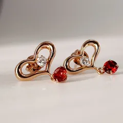 K10 ハートピアス（ガーネット・CZ）｜華奢 揺れる 誕生石｜K10 Heart Earrings Garnet & CZ