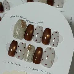 【sizeorder】No.241 ハートネイル オーダー バレンタイン ゴールドラメ ブラウンマグネット