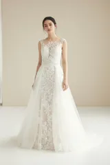 ブリスモニークルイリエ BLISS Monique Lhuillier Aライン/マーメイドライン ウェディングドレス ベージュ ファーストオーナー 2way ノースリーブ 刺繍 フラワーモチーフ