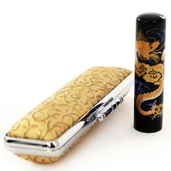 印鑑 はんこセット 黒水牛 蒔絵 昇り龍 ドラゴン 12ｍｍ 銀行印 金色 シャーロットケース付き 朱肉付き カッコいい！ プレゼント ギフト