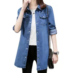 【特価セール】[OKJCON] シャツ レディース 長袖 秋 デニム ロング丈 カジュアル おしゃれ 無地 ゆったり シンプル 大きいサイズ