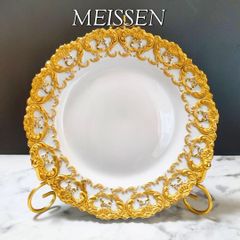 meissen マイセン アンティーク 約23㎝　金彩透かし皿　双剣　花柄　昆虫 meissen マイセン アンティーク 約23㎝ 金彩透かし皿 双剣 花柄 昆虫