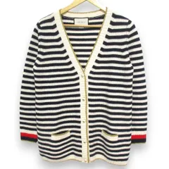 美品 GUCCI グッチ ウール×カシミヤ インターロッキングG フェイクパールボタン ボーダー 長袖 ニット カーディガン S ブラック レディース 古着 中古 USED