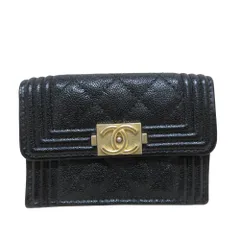 新品同様 CHANEL シャネル ボーイシャネル キャビアスキン スモールウォレット コンパクト 三つ折り財布 ブラック レディース 古着 中古 USED