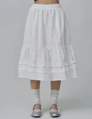 白 ティアード ミディ スカート