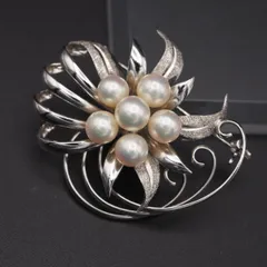 M934 本真珠 6.8mm6珠 パール SILVER刻印 ブローチ フラワー デザイン シルバー コサージュ 6月誕生石