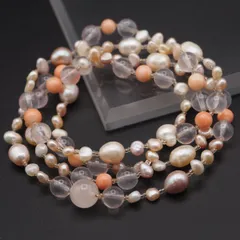 Q132 ローズクォーツ 珊瑚サンゴ 淡水真珠 パール ネックレス ロング デザイン 3月誕生石