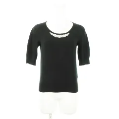 クイーンズコート QUEENS COURT ニット セーター ラウンドネック 五分袖 ワンポイント パール 2 黒 ブラック /AO2