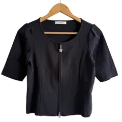 美品 22SS Rene ルネ Crystal zip 半袖 ジップアップ ニット カーディガン 38 ネイビー レディース 古着 中古 USED