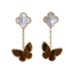 ヴァンクリーフ&アーペル ピアス ラッキー アルハンブラ イヤリング 2モチーフ タイガーズアイ/マザーオブパール K18YG VCARD79800
