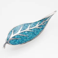 M331 ターコイズ風 SILVER MEXICO 925刻印 ブローチ リーフ インレイ デザイン シルバー ヴィンテージ メキシカンジュエリー メキシコ製