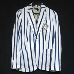 未使用 POLO by Ralph lauren ポロバイラルフローレン ストライプ柄 ロゴパッチ シングル テーラードジャケット 4 ブルー×ホワイト レディース 古着 中古 USED