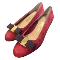 未使用 Salvatore Ferragamo サルヴァトーレフェラガモ スエード ヴァラリボン ローヒール パンプス サイズ5D 約22cm レッド レディース 古着 中古 USED