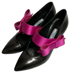 美品 PRADA プラダ サテンリボン ビジューヒール パンプス サイズ36 1/2 23.5cm相当 ブラック パープル レディース 古着 中古 USED