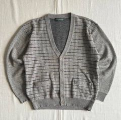 90s vintage ヴィンテージ古着 孔子柄 ブロックチェック 立体編みニット セーター Vネック ボタン留めカーディガン 杢ベージュ L Y2K レトロ C-BOY プレッピー 3d block check design knit cardigan