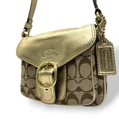 【良品】コーチ COACH シグネチャー ショルダーバッグ ポシェット 斜め掛け ミニバッグ キャンバス レザー ブラウン 茶 メタリック ゴールド 金 フラップ バックル 11593 レディース パーティー お出かけ カジュアル 華やか コンパクト s97