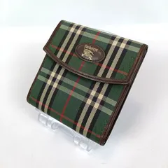 訳あり Burberrys バーバリーズ 三つ折り財布 ノバチェック グリーン系 緑 キャンバス レザー 騎士 ホースロゴ シャドーホース ヴィンテージ レア 希少 メンズ レディース 財布 ウォレット コンパクト ミニ財布 ブランド 中古