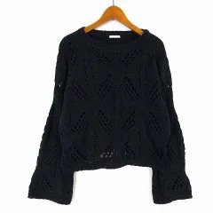 ジーユー GU クロシェ セーター ニット 透かし ケーブル編み フレアスリーブ 長袖 S 紺 ネイビー