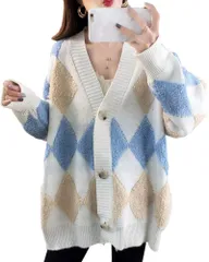 【特価セール】カーディガン レディース ニット アウター 羽織り ボア トップス アーガイル Vネック 秋冬 フリーサイズ