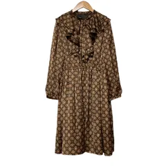 美品 Lois CRAYON ロイスクレヨン 総柄 長袖 ひざ丈 フリル ワンピース ドレス M ブラウン レディース 古着 中古 USED