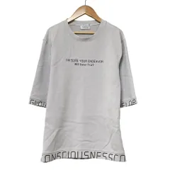 良品 NICOLE CLUB FOR MEN ニコルクラブフォーメン ロゴプリント5分袖プルオーバー ダンボールニット カットソー 46 ライトグレー メンズ 古着 中古 USED