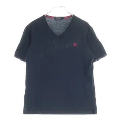 BURBERRY BLACK LABEL (バーバリー ブラックレーベル) ロゴ刺繍 Vネック半袖カットソー リブ裏チェック柄 ブラック