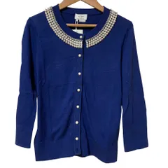 美品 kate spade ケイトスペード ビジュー付き パールボタン ニットカーディガン Sサイズ ネイビー レディース 古着 中古 USED