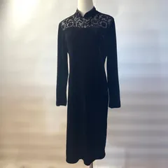 【Y-14】ベロア　ワンピース　黒　花柄　刺繍　ハイネック　ロング　レディース　古着