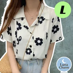 トップス ブラウス 半袖 Vネック 襟 フラワーシャツ 花柄 シンプル カジュアル おしゃれ ホワイト