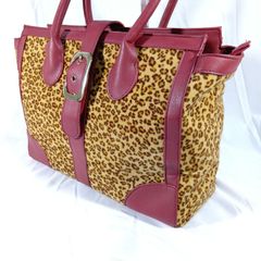 【良品】ヒョウ柄 ハンドバッグ 赤 レオパード ハラコ調 フェイクファー 自立 底鋲