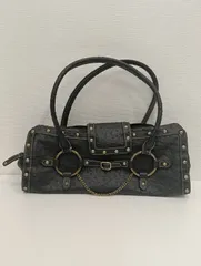 【中古品】 スタッズ & チェーン装飾 オーストリッチ型押し ハンドバッグ 黒ブラック 肩掛け 手提げ バッグかばん 現状品
