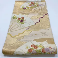［6916］袋帯 扇草花波文様 未仕立て 金 六通 正絹 着物 フォーマル