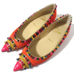 良品 Christian Louboutin クリスチャンルブタン スパイクスタッズ ポインテッドトゥ フラット パンプス サイズ36 約23cm オレンジ レディース 古着 中古 USED
