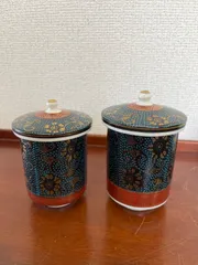 九谷焼　青粒鉄仙　夫婦湯呑み　組湯呑　蓋付　湯呑　食器