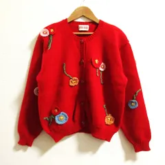 良品 PINK HOUSE ピンクハウス ヴィンテージ フラワー刺繍 ニットカーディガン レッド レディース 古着 中古 USED