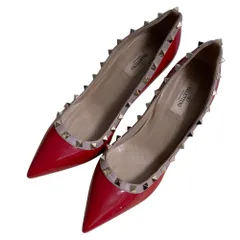良品 VALENTINO GARAVANI ヴァレンティノガラヴァーニ ロックスタッズ パテントレザーハイヒールパンプス 38 1/2 約25.5cm レッド レディース 古着 中古 USED