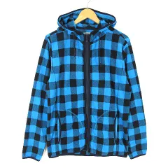 ユニクロ UNIQLO パーカー フリース ジップアップ ブロックチェック フード 長袖 L 青 ブルー 黒 ブラック