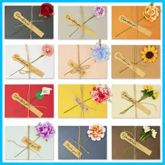 【特価商品】[TEMLUM] メッセージカード ミニ型 感謝カード 花束 グリーティングカード 手作り造花 12種類 封筒付き 封筒シール付き かわいい 挨拶状 12枚セット 結婚式 記念日 母の日 お祝い プレゼント (花束)
