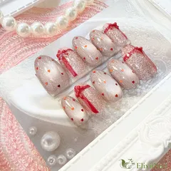 【現品】ネイルチップ　赤　リボン　ハート　マグネット