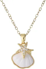 AREUM ネックレス 貝殻 おしゃれ ステンレスチェーン 細め かわいい ワンポイント アジャスターチェーン付き (ゴールド,  中)